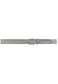 Gray leather belt with a perforated floral pattern and silver-toned buckle. Features a matching loop for belt end adjustment.