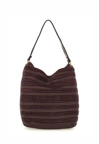 Borsa a mano in tessuto bordeaux con strisce orizzontali texture, forma rotonda morbida e una singola tracolla in pelle. Accenti in metallo dorato.