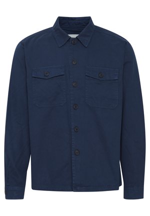 Navy blue button-up jacket made of cotton, featuring two chest pockets with flap, long sleeves, and a straight hem with buttoned cuffs.