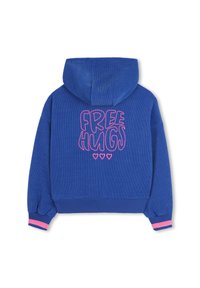 Blue corduroy hoodie featuring "FREE HUGS" in pink text on the back, with pink-striped cuffs and a lined hood.