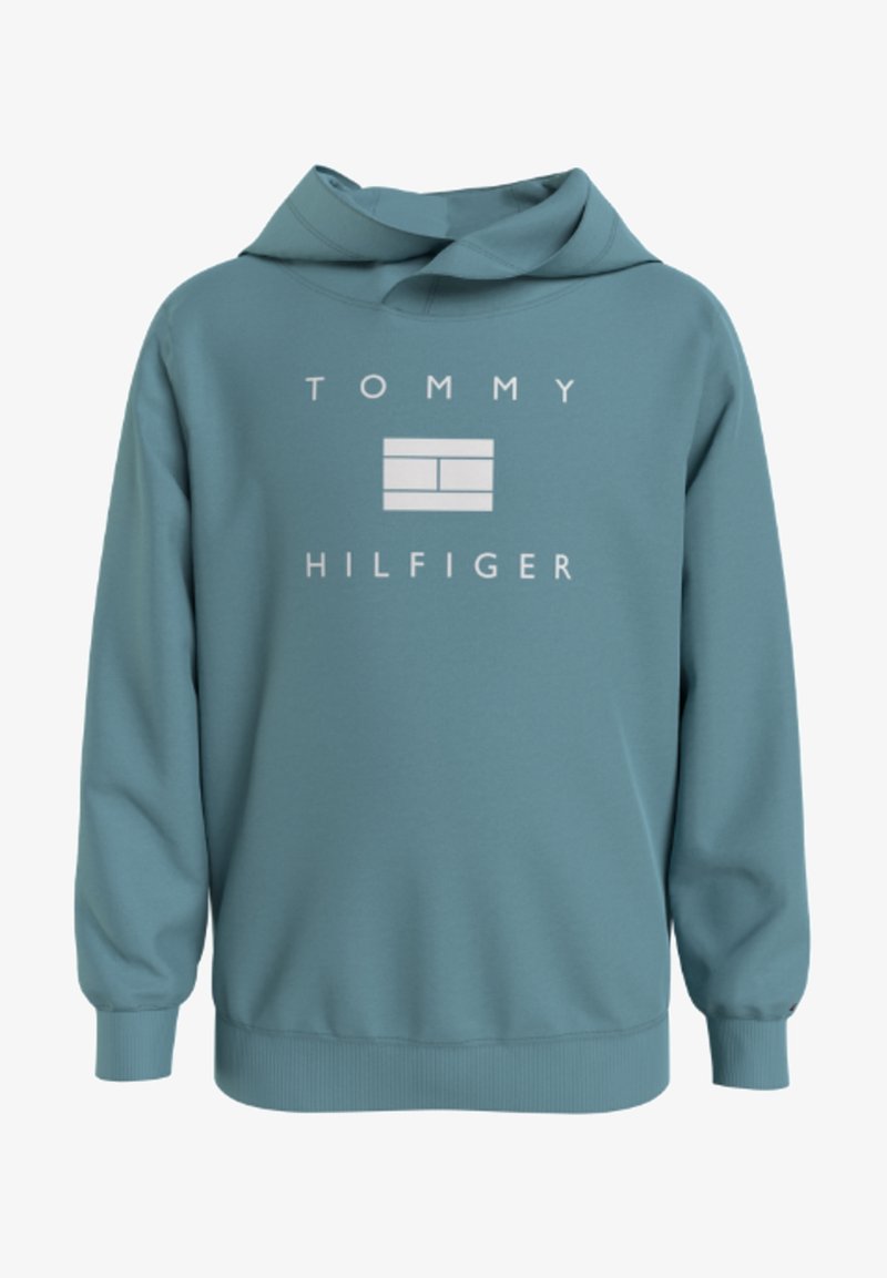 Sweat à capuche bleu sarcelle en tissu doux, avec un grand logo blanc "Tommy Hilfiger" et un design géométrique simple sur le devant.