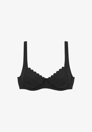Black bra with a scalloped edge along the top of the cups. Features wide straps, underwire support, and smooth fabric texture.