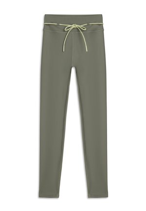 Leggings de sport vert olive avec une finition texturée, dotés d'une taille à cordon de serrage avec des accents vert clair et des coutures plates.