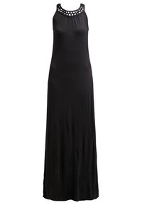 Robe maxi noire sans manches avec encolure ronde en crochet et partie supérieure ajustée.