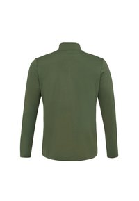 Camicia a maniche lunghe verde oliva con colletto alto, mostrata da dietro su uno sfondo bianco.