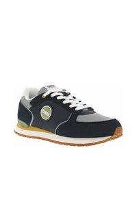 Baskets de sport bleu marine et grises avec des lacets blancs, semelle en caoutchouc et logo vert en accent. Dotées d'un mélange de matériaux en mesh et en daim.