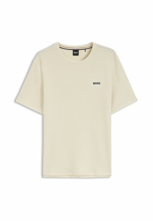 T-shirt a maniche corte color bianco sporco con texture, collo rotondo e piccolo logo nero "BOSS" sul petto sinistro.