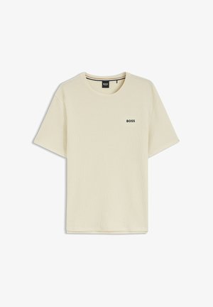 T-shirt a maniche corte color bianco sporco con texture, collo rotondo e piccolo logo nero "BOSS" sul petto sinistro.