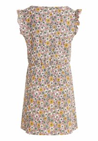 Blumenkleid mit einem rosa Hintergrund, verziert mit gelben, weißen und grünen Blumen, kurzen Rüschenärmeln und einem elastischen Bund.