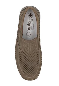 Brązowe perforowane buty wsuwane z haftowanymi akcentami i skórzanego materiału. Posiadają wyściełaną wkładkę i okrągły czubek dla wygody.