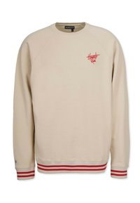 Beige sweatshirt med rødt "Honesty Rules" logo, ribbede manchetter og kant med røde striber samt raglanærmer for en afslappet pasform.