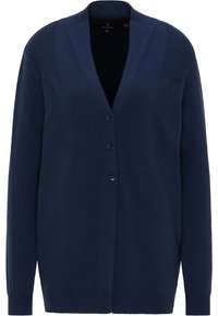 Mörkblå kofta med V-hals, ribbade detaljer på axlarna och fem knappar framtill. Mjuk textur och avslappnad passform.