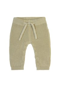 Gebreide broek in lichtbeige met een gestructureerd patroon, elastische tailleband en een trekkoord. Voorzien van opgerolde zoom en details aan de zijnaad.
