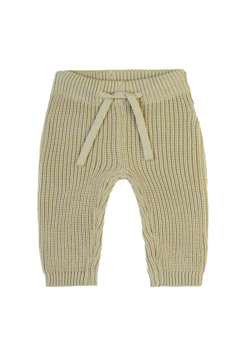 Gebreide broek in lichtbeige met een gestructureerd patroon, elastische tailleband en een trekkoord. Voorzien van opgerolde zoom en details aan de zijnaad.