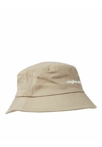 Beige bucket hat made of cotton fabric, featuring a wide brim, stitched detailing, and the text "Original" in white on the front.