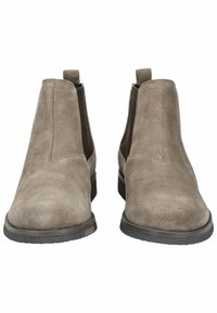 Stivaletti alla caviglia in suede grigio con pannelli elastici ai lati e suola in gomma testurizzata. Design minimalist con punta arrotondata e linguette per il tiro.