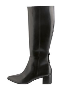 Bottes noires en cuir montantes avec un bout pointu, un talon carré, un design épuré, une languette à l'arrière et une finition lisse.