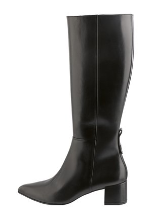 Black leather knee-high boots with a pointed toe, block heel, sleek design, back pull tab, and a smooth finish.