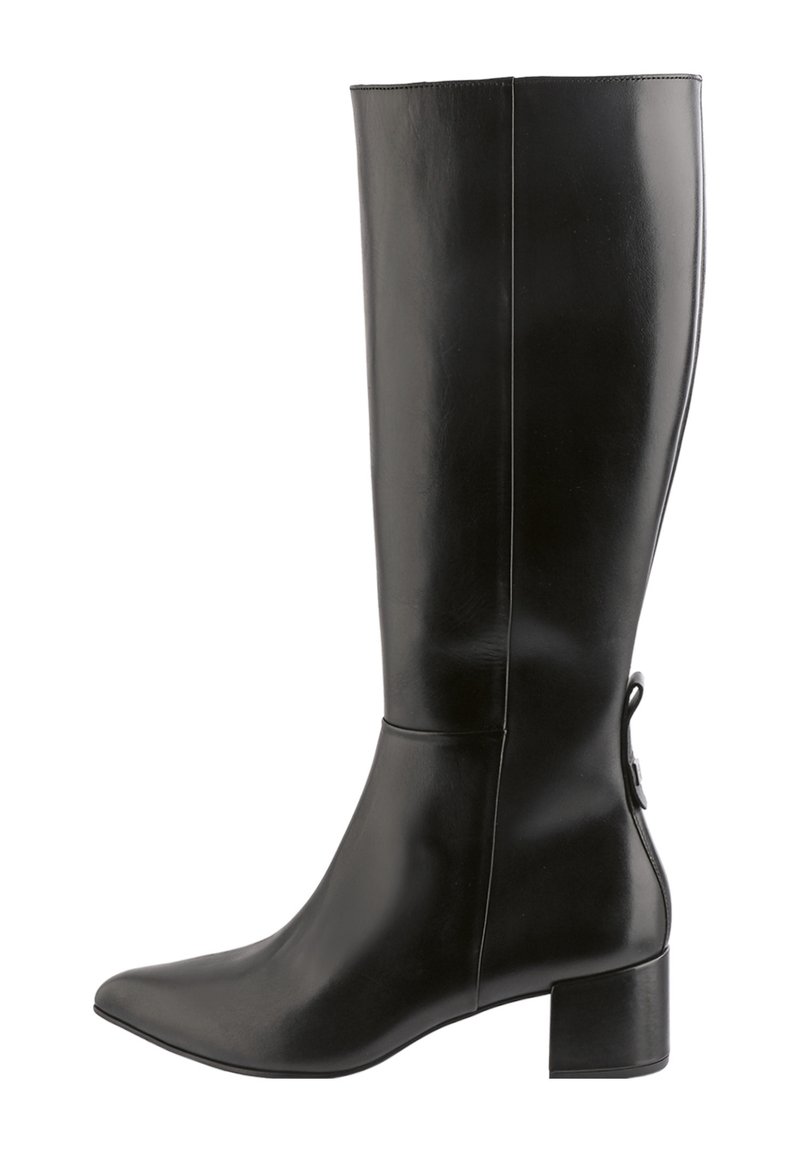 Czarne skórzane botki do kolan z ostro zakończonym noskiem, blokowym obcasem, eleganckim fasonem, tylna pętelką do zakupu i gładkim wykończeniem.