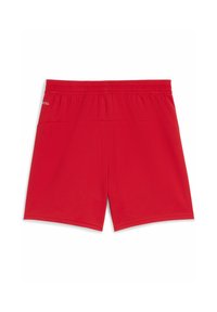 Röda idrottsshorts gjorda av mjukt, lättviktigt tyg. Har en elastisk midja och två sidofickor. Enkel design, inga mönster.