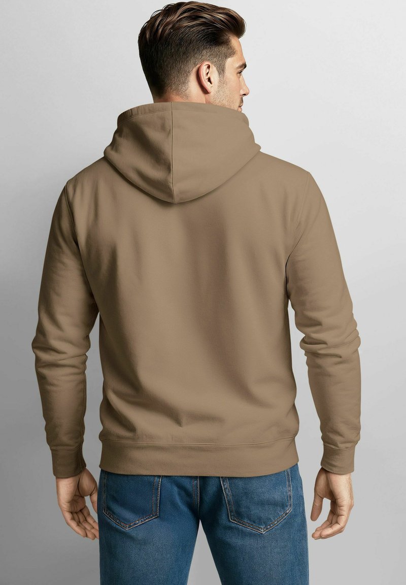 Brown hoodie with a drawstring, smooth texture, and a kangaroo pocket, paired with blue jeans featuring a classic pocket design.
