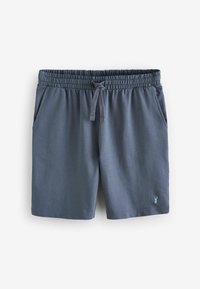 Pantalones cortos de color azul marino para hombre con cintura elástica y cordón, bolsillos laterales y un pequeño logotipo en la parte inferior de la pierna izquierda, fabricados con un tejido suave y liso.
