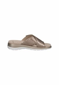 Sandalo slide in bronzo metallico con cinturini incrociati, soletta imbottita e suola in gomma bianca. Design elegante per un utilizzo casual.