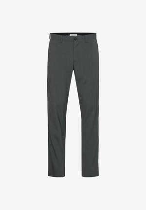 Pelēkas piegrieztas bikses ar taisnu priekšpusi, pogas aizdari un jostas cilpām. Izgatavotas no teksturēta auduma, ar taisnu kāju dizainu.