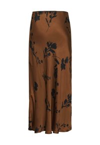 Jupe midi en satin marron avec un motif floral noir, coupe slim, légèrement évasée avec des détails délicats en bas.