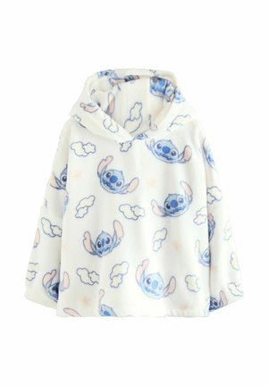 Weißer, flauschiger Fleece-Hoodie mit Druck eines blauen und rosa Comic-Charakters, ausgestattet mit einer Fronttasche und einem weiten, lässigen Schnitt.