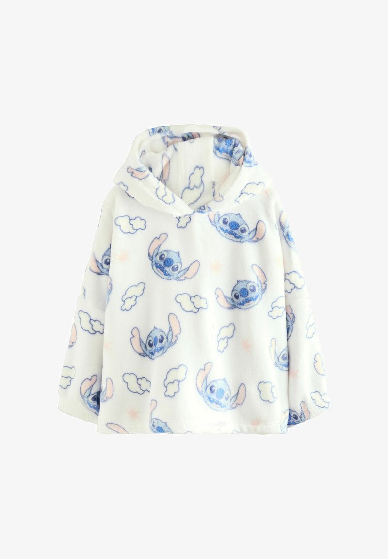 Felpa di pile bianca e soffice con stampa di un personaggio dei cartoni animati blu e rosa, dotata di tasca frontale e un design ampio e rilassato.
