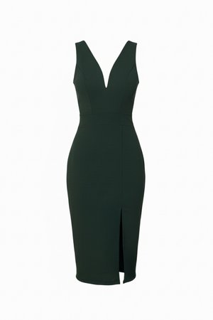 Ärmelloses, dunkelgrünes, knielanges Kleid mit tiefem V-Ausschnitt und Frontschlitz, tailliert und mit einem schlanken, maßgeschneiderten Design.