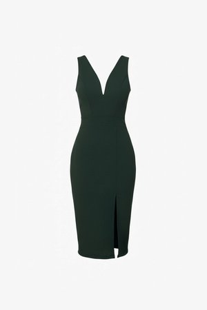 Mouwloze donkergroene jurk tot op de knie met diepe V-hals en split aan de voorkant, getailleerde taille en een gestroomlijnd, op maat gemaakt ontwerp.