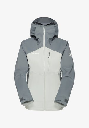 Lichte grijze en off-white waterdichte jas, met een hoge kraag, verstelbare capuchon, ritssluiting aan de voorkant en op de borstzakken, en klittenbandsluitingen bij de mouwen.