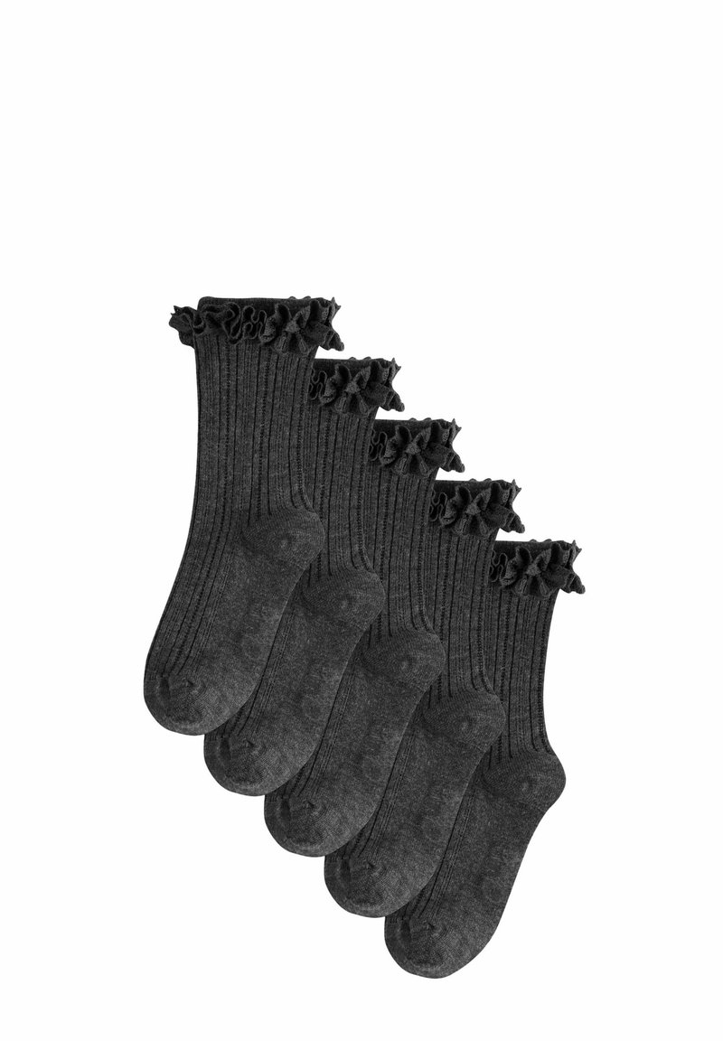 Fünf Paare dunkelgrauer gerippter Socken mit Rüschensäumen, die eine weiche Textur und ein glattes Finish aufweisen.