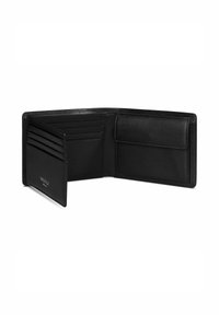 Black leather bifold wallet with six card slots on left, a coin pocket with flap on right, and a bill compartment behind.