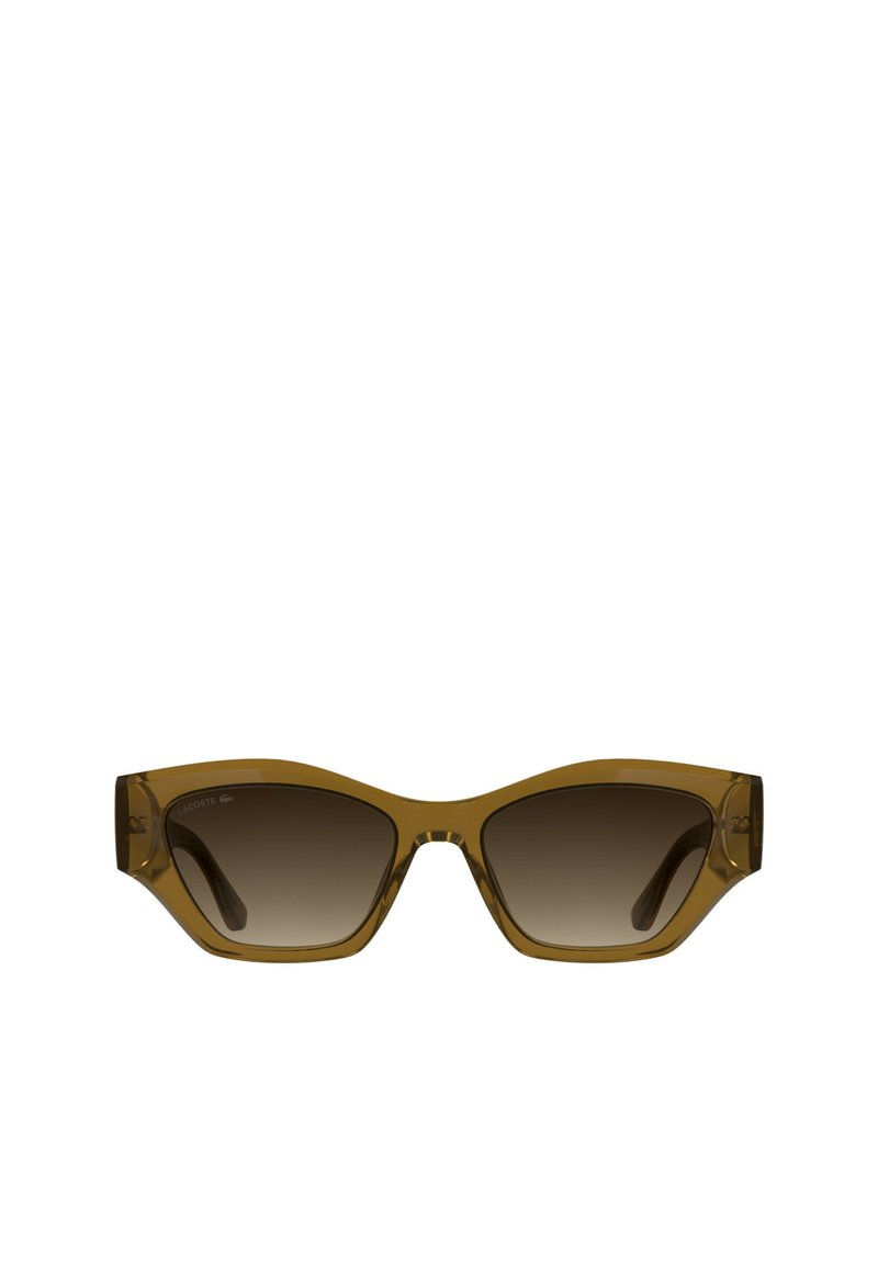 Lunettes de soleil teintées brun avec des montures larges et angulaires en acétate, comprenant des verres à dégradé foncé et un détail de logo sur les branches.