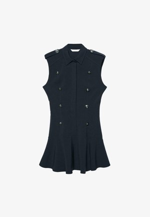 Vestito blu navy senza maniche con bottoni doppiopetto color argento, spalline sulle spalle, colletto e orlo svasato.