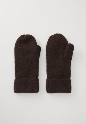 Bruine wollen wanten hebben een ronde bovenkant en een geribbelde manchette. De textuur is zacht en iets pluizig, met een effen kleur en geen patronen.