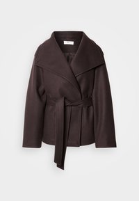 Cappotto avvolgente marrone scuro realizzato in misto lana, con ampio collo, maniche lunghe, cintura coordinata e finitura senza cuciture.