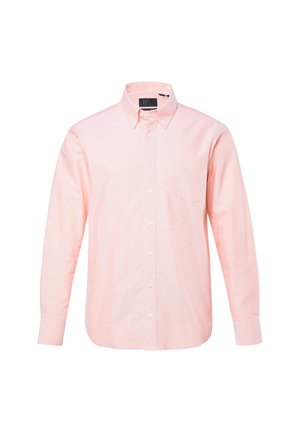 Hellrosa langärmeliges Hemd mit Knopfleiste am Kragen, einer Brusttasche und geradem Saum, hergestellt aus glattem Stoff.