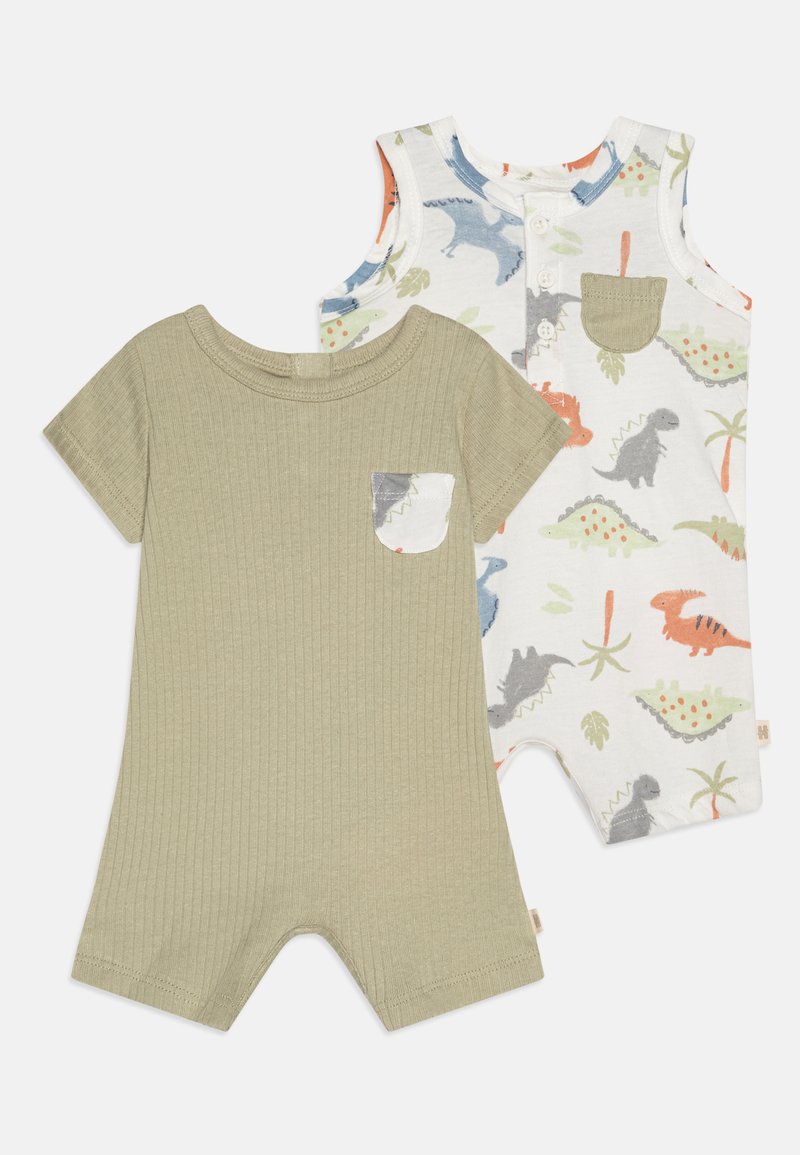 To baby romper: en olivengrønn, ribbet stoff med korte ermer, og en hvit med fargerikt dinosaurtrykk, med trykknapplukking.