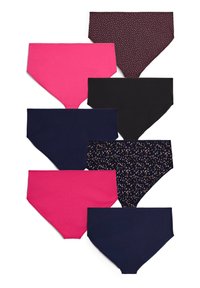 Sada ôsmich ženských nohavičkových spodných nohavičiek s vysokým pásom, vyrobených z ružovej, čiernej a námorníckej bavlny, s dvoma vzorovanými dizajnmi v tmavých odtieňoch.