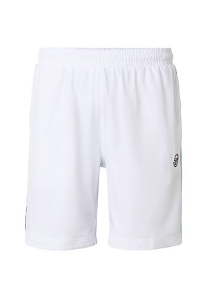 Hvite atletiske shorts med elastisk midje, lyseblå side-striper og en liten svart logo på høyre lår, vist på hvit bakgrunn.