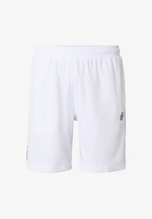 Hvite atletiske shorts med elastisk midje, lyseblå side-striper og en liten svart logo på høyre lår, vist på hvit bakgrunn.