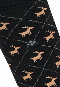 Calzini neri con un motivo a diamante ripetuto, adornati da renne marrone chiaro e nasi rosa, realizzati in un morbido materiale a maglia elasticizzato.