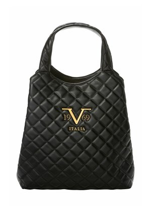Zwarte gewatteerde handtas met korte, gevoerde handvatten en een goudkleurig logo "19 V 69 ITALIA" centraal aan de voorkant.