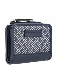 Marine portefeuille met geometrisch grijs patroon, gemaakt van synthetisch materiaal. Beschikt over een ritssluiting en een reliëflogo op een leren accent.