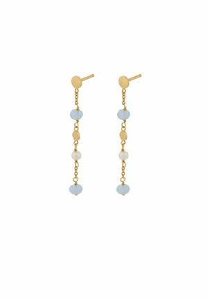 Złote kolczyki z łańcuszka z naprzemiennymi niebieskimi i białymi okrągłymi koralikami oraz małymi złotymi owalnymi akcentami.