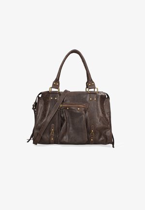 Brown leather handbag with two top handles, adjustable shoulder strap, front zip pocket, gold hardware accents, and textured finish.